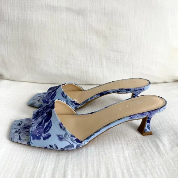 Blue Floral Print Kitten Heel Slide Sandals - Picture 4 of 8